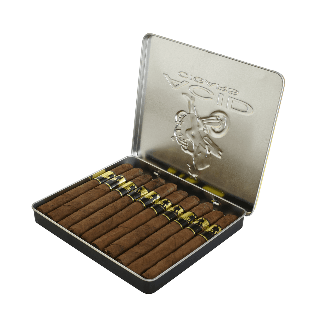 Drew Estate ACID Krush Classic Gold Sumatra cigars in an open tin, featuring 10 infused cigarillos with smooth, sweet spice flavor.