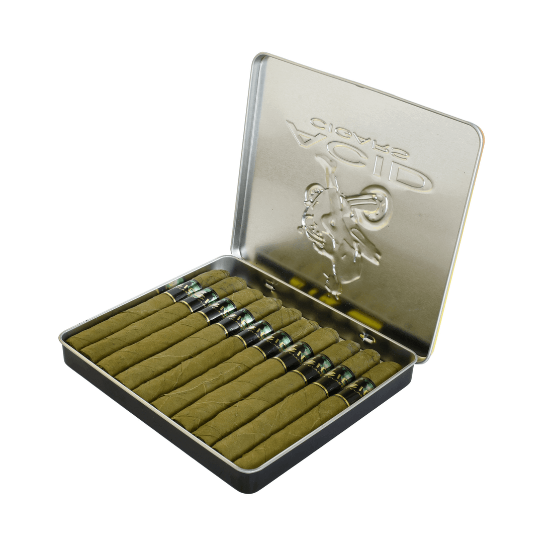 Drew Estate ACID Krush Green Candela 10 Count Tin with green wrapper cigars displayed in an open metal tin