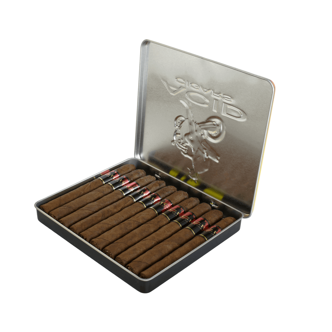 Open tin of Drew Estate ACID Krush Red Cameroon cigars, showcasing 10 medium-strength cigarillos with rich, spicy flavor notes.