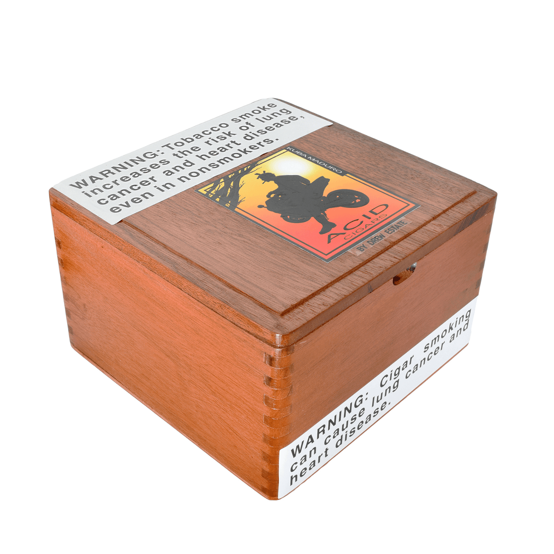 Wooden box of Drew Estate ACID Kuba Maduro cigars with logo and warning labels, showcasing premium tobacco packaging.