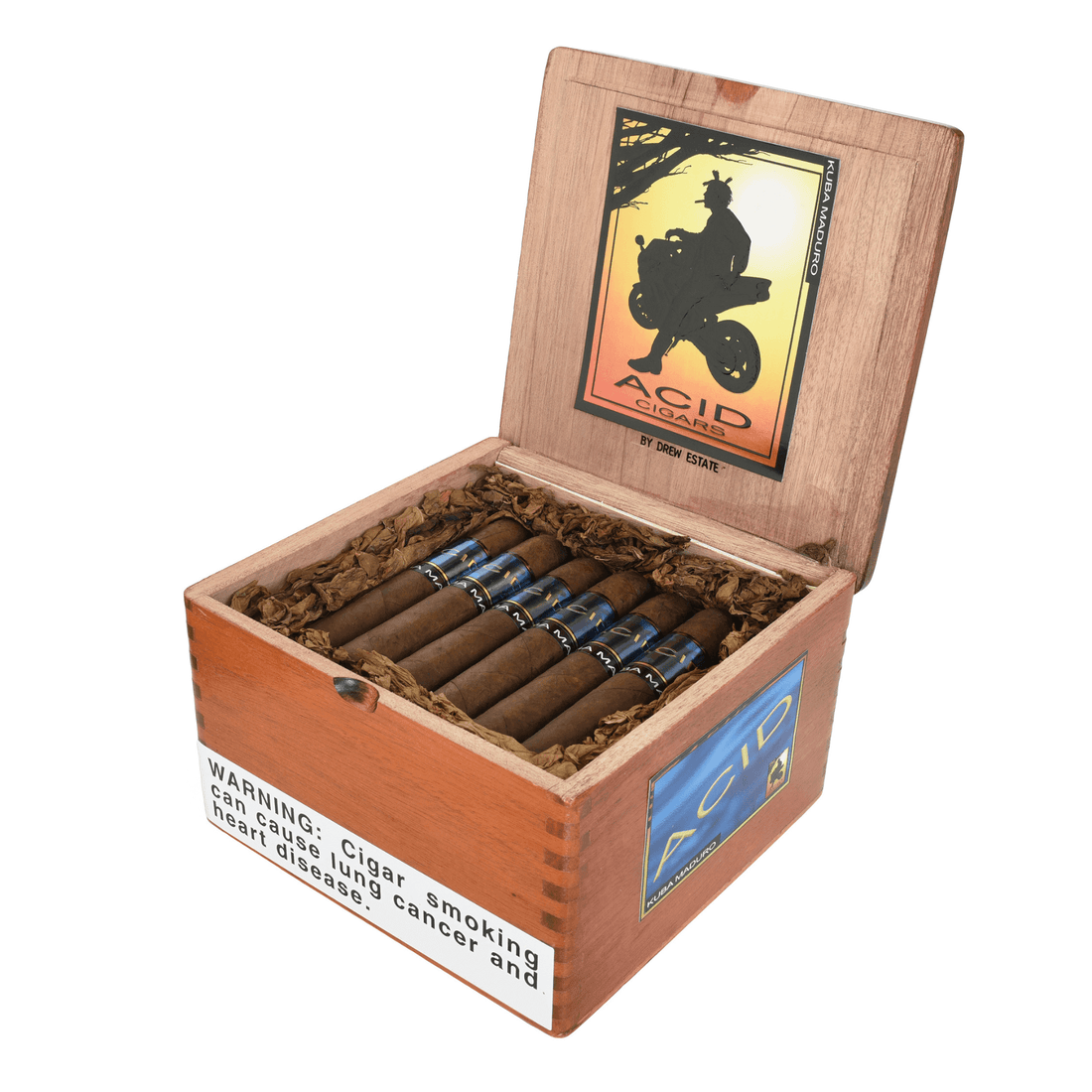 Drew Estate ACID Kuba Maduro 24 count box with cigars, showcasing Nicaraguan-infused flavors and medium strength.