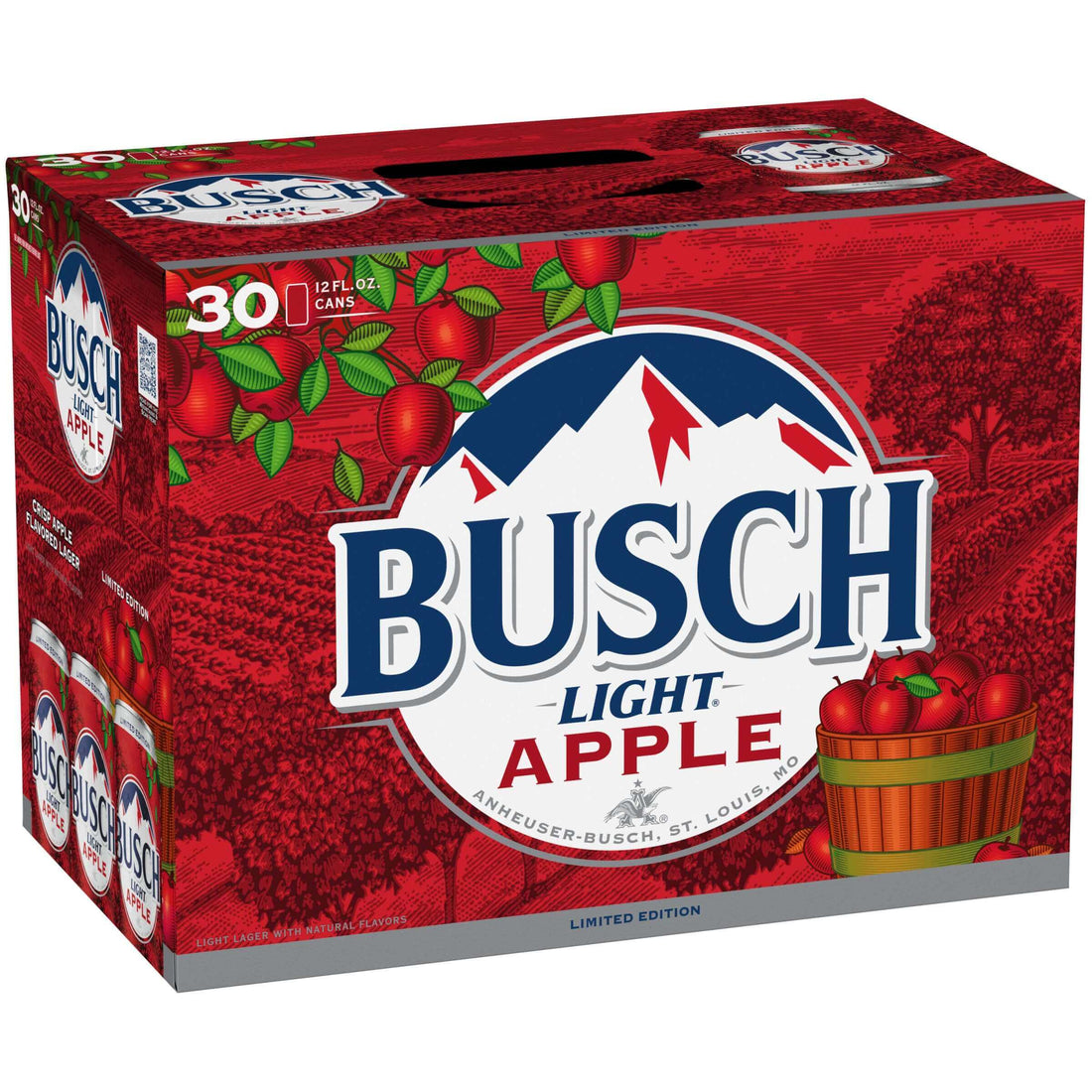 Busch Light Apple 30 Pack with 12oz cans showcasing crisp light lager and apple flavor by Anheuser-Busch.
