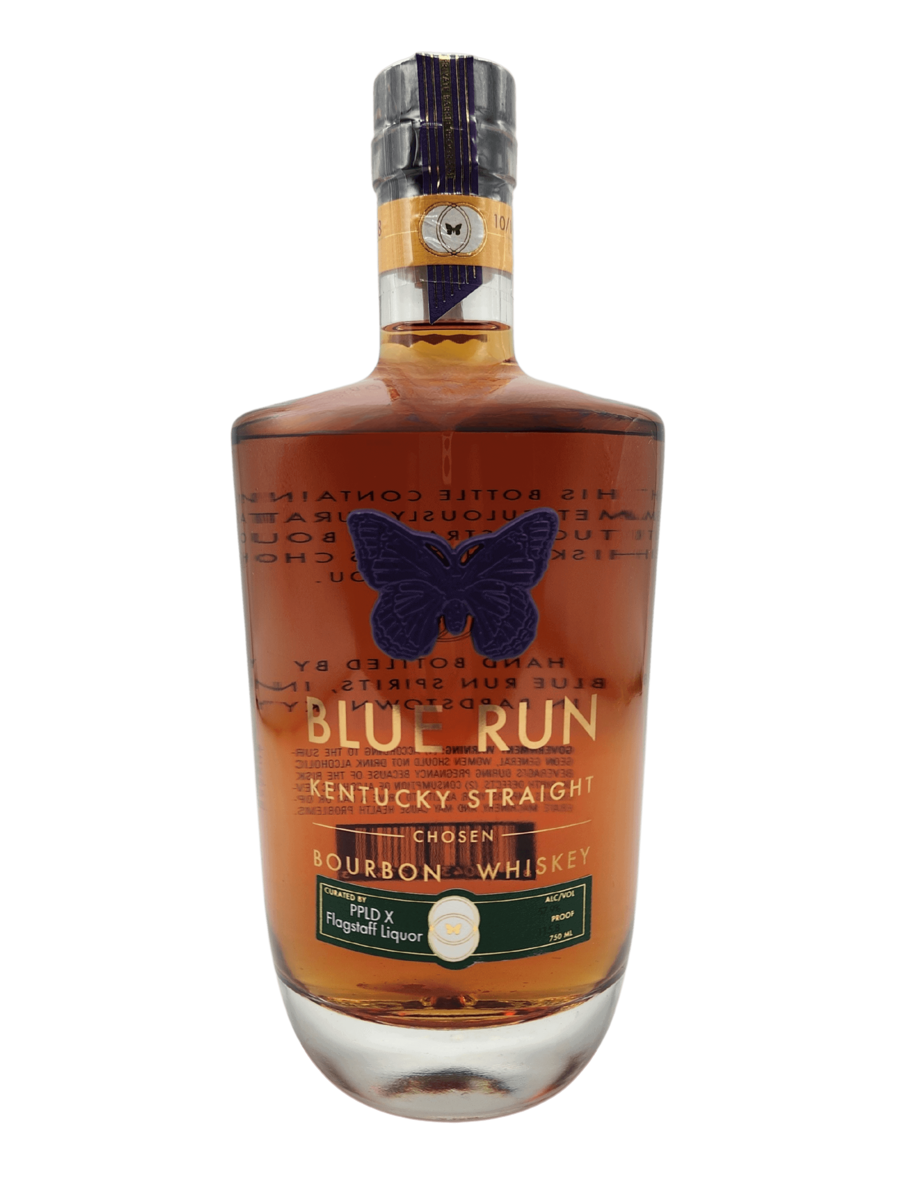 Blue Run Kentucky Straight Bourbon Whiskey bottle with a butterfly emblem, displaying rich amber color and elegant packaging.