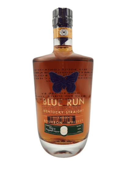 Blue Run Kentucky Straight Bourbon Whiskey bottle with a butterfly emblem, displaying rich amber color and elegant packaging.