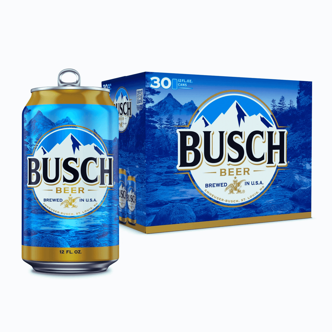 Busch Beer 30 Pack of 12oz cans featuring classic blue packaging with mountain logo, brewed in the USA, by Anheuser-Busch.
