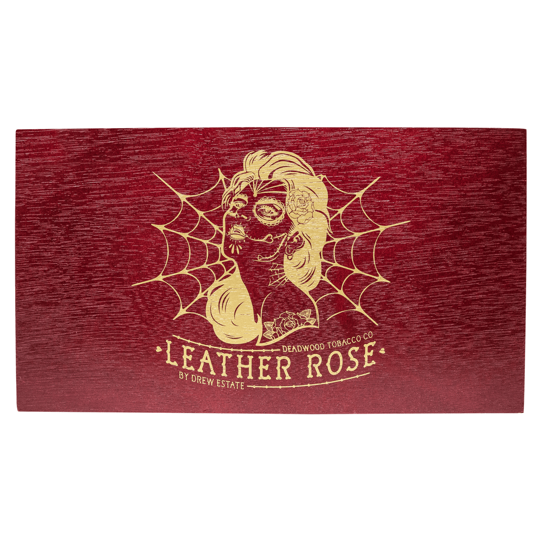 Wooden box of Deadwood Leather Rose Torpedo cigars with artistic design, showcasing bold and spicy flavor from Nicaragua.