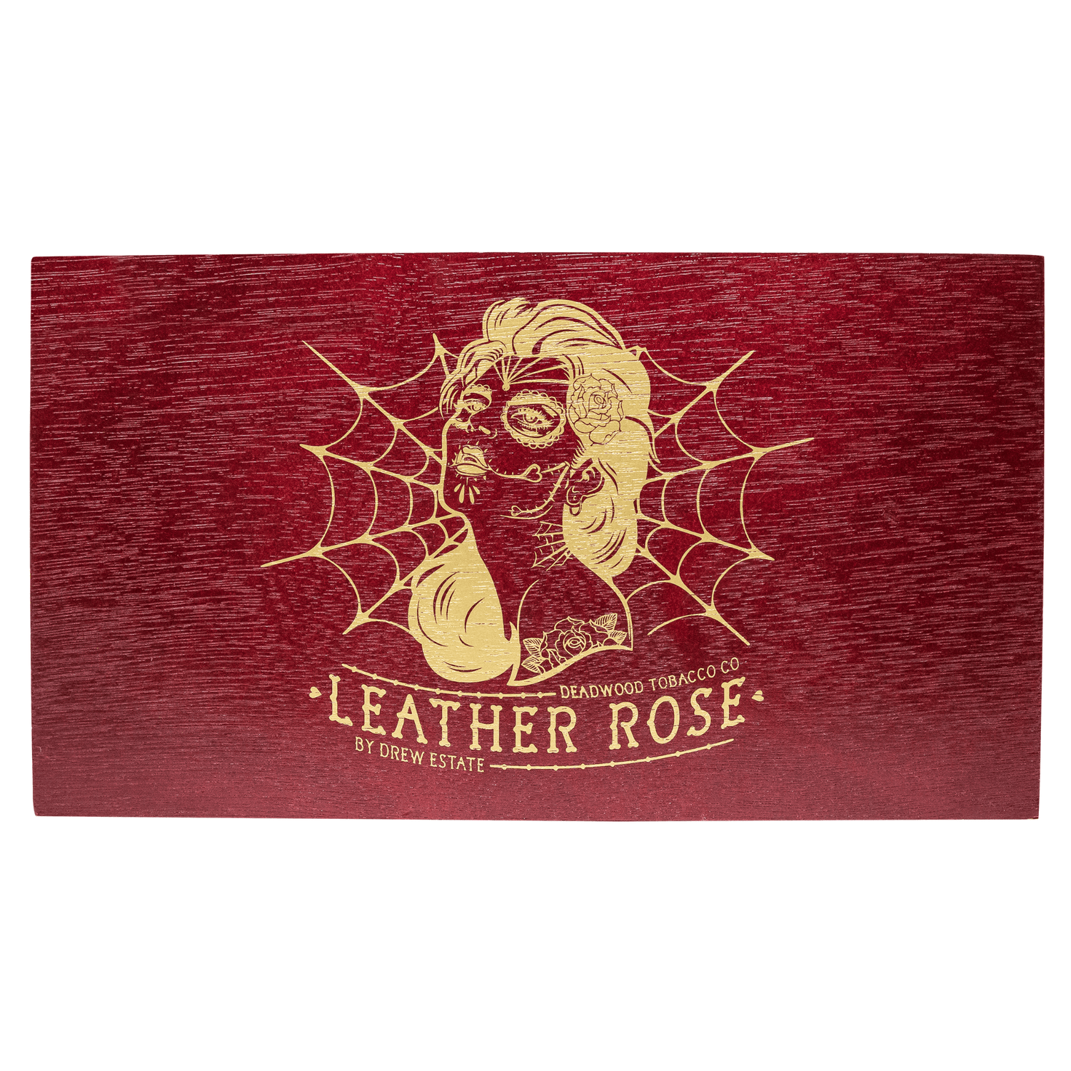 Wooden box of Deadwood Leather Rose Torpedo cigars with artistic design, showcasing bold and spicy flavor from Nicaragua.