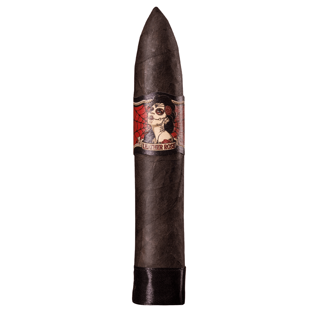 Deadwood Leather Rose Torpedo cigar with a dark Maduro wrapper, medium to full strength, featuring notes of cocoa and spices.