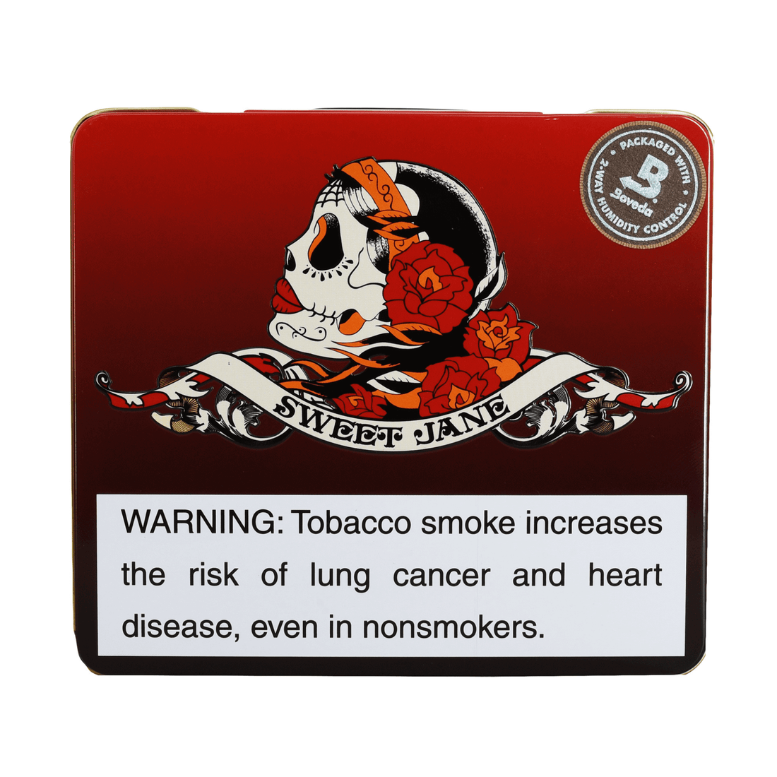 Deadwood Sweet Jane 10ct Tin featuring a skull design with roses, packaging includes health warning label. Cigars product image.