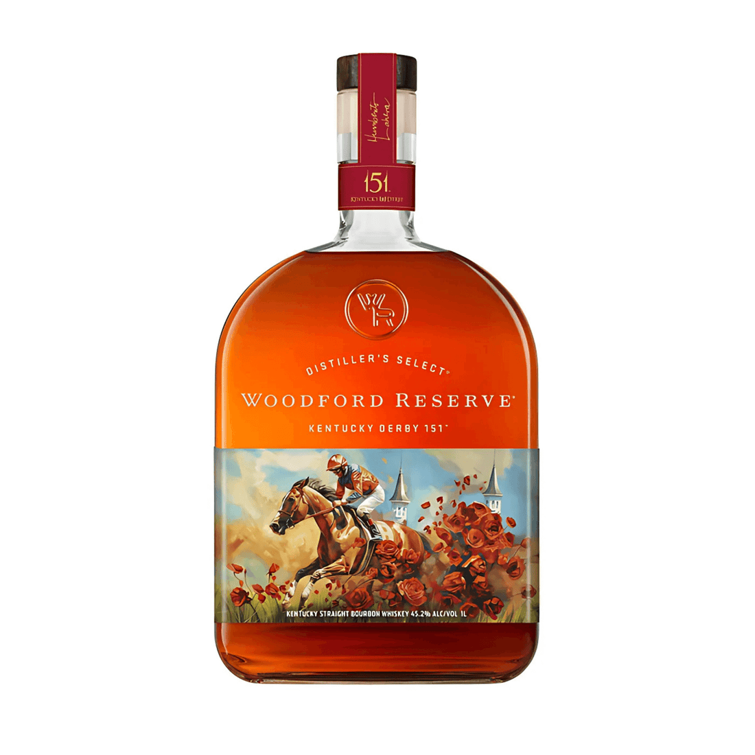 Woodford Reserve Kentucky Derby 151 Edition 1L bottle with horse racing imagery, ideal for collectors and bourbon enthusiasts.