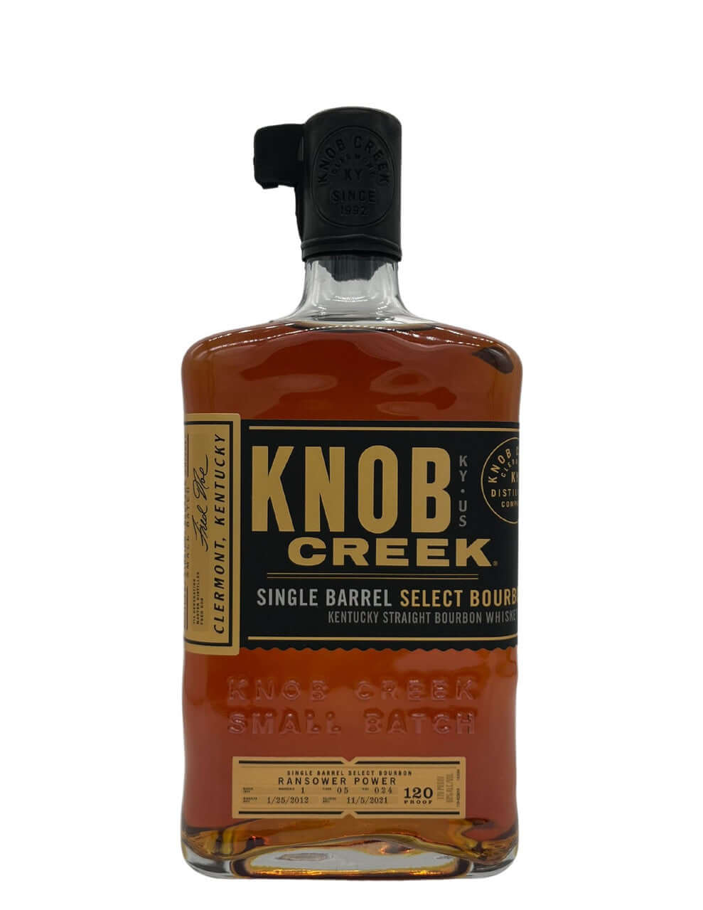 Knob Creek Single Barrel Bourbon Ransower Power 750ml bottle with 60% ABV, an exclusive Kentucky whiskey.