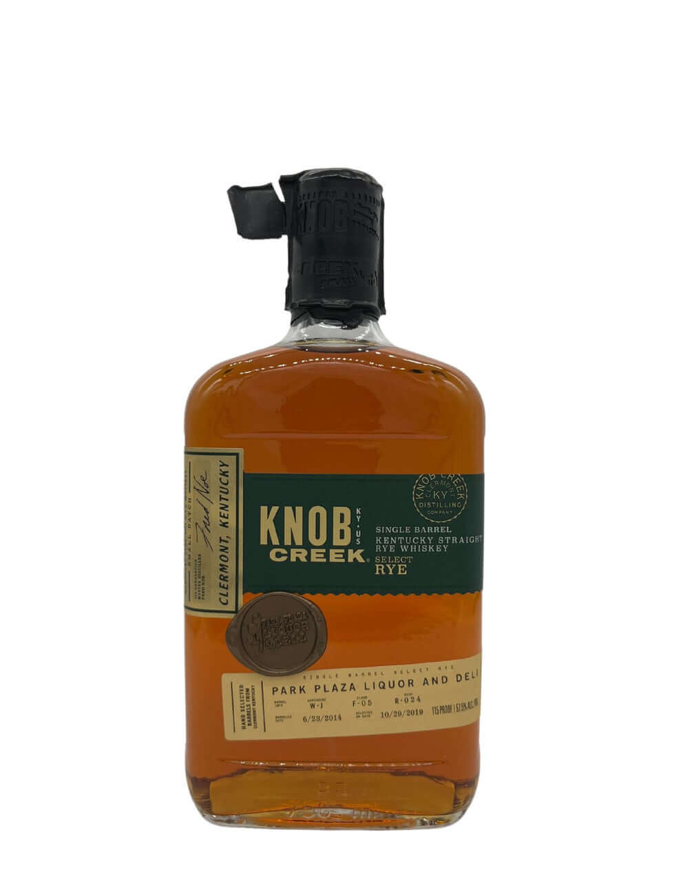 Knob Creek Single Barrel Rye Whiskey 750mL bottle, Park Plaza Liquor exclusive, 115 proof, with rich flavor depth.