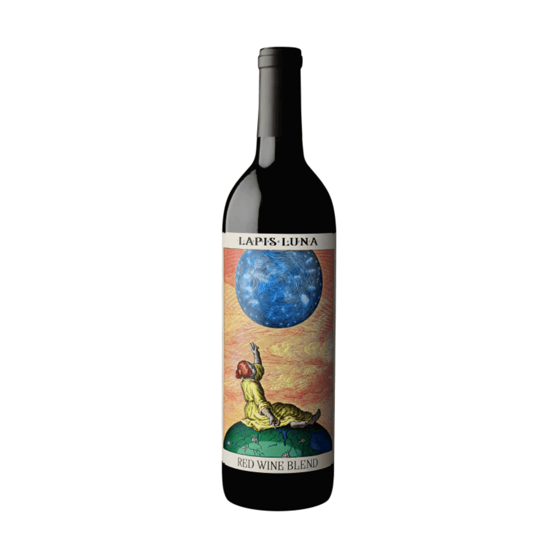 Bottle of Lapis Luna Red Blend 2021 from Lodi, California with an artistic label featuring a celestial design.