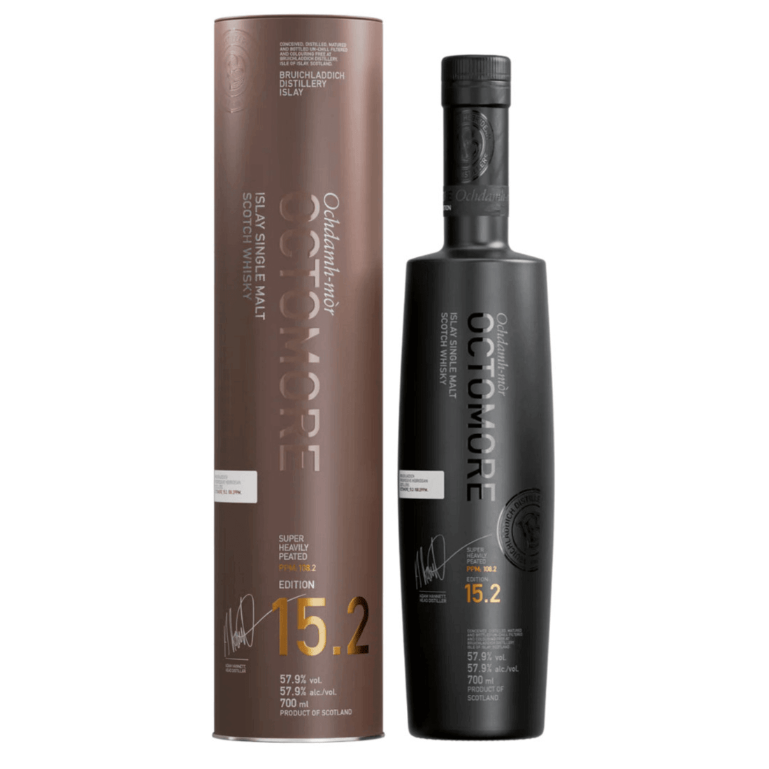 Bruichladdich Octomore 15.2 Single Malt Scotch Whisky bottle and packaging, peated to 108.2 PPM, Islay, Scotland.