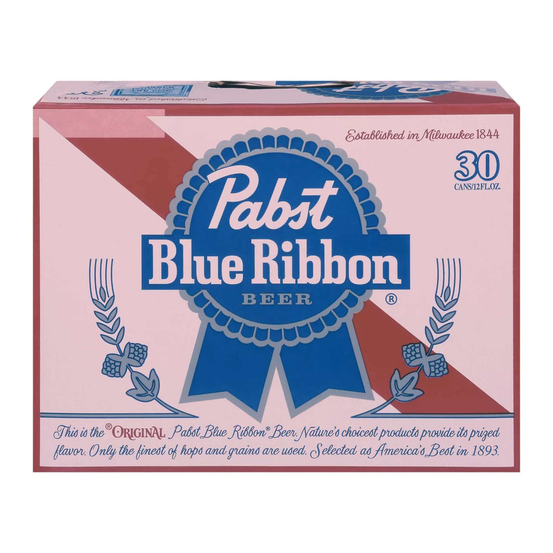 Pabst Blue Ribbon 30 pack of 12oz cans, featuring classic American lager packaging, brewed in Milwaukee.
