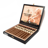 Drew Estate Pappy Van Winkle Churchill cigars in an open 10-count box, featuring aged Nicaraguan fillers and Ecuadorian Habano wrapper.