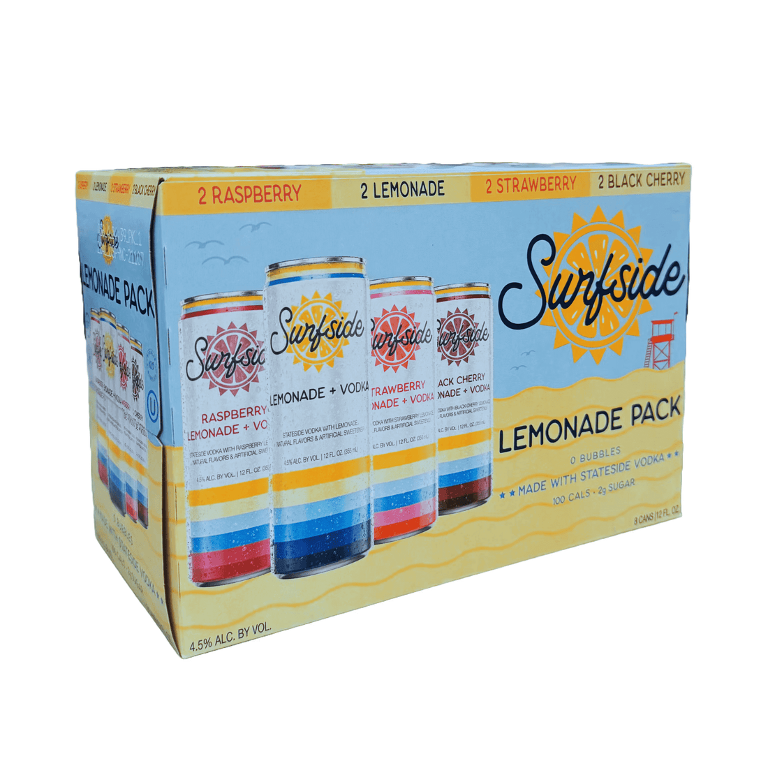 Surfside Lemonade Variety Pack 8 Pack with 12oz Cans featuring Raspberry, Lemonade, Strawberry, and Black Cherry flavors.